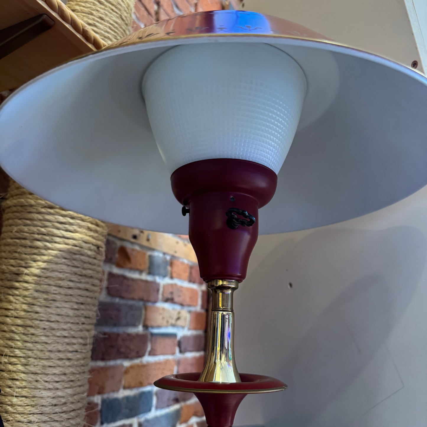 Red Toleware Floor Lamp with Metal Shade & Brass Trim