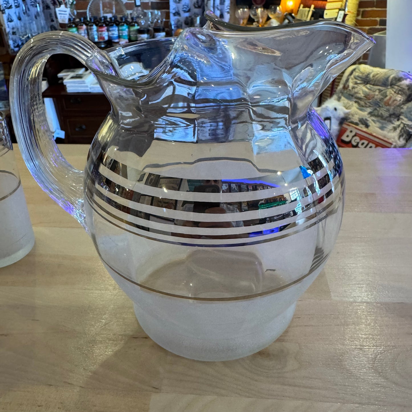 Set of 7 Frosted Glass Pitcher & Tumbler Set with Silver Trim