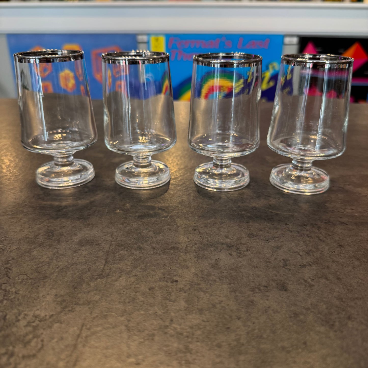 Silver-Rimmed Footed Glasses - Set of 4 (4" Tall)
