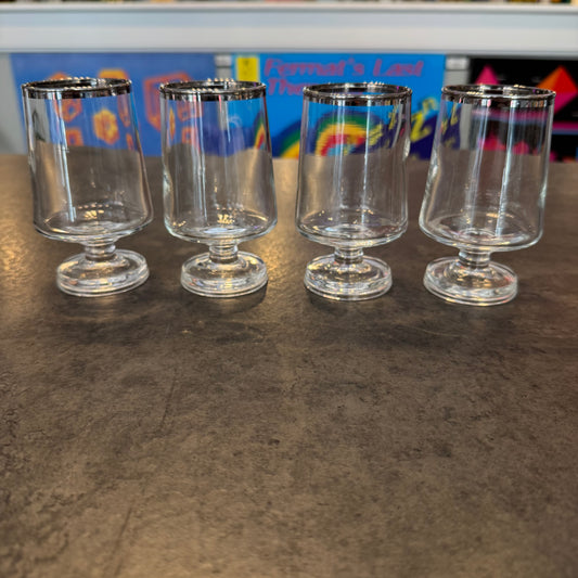 Silver-Rimmed Footed Glasses - Set of 4 (4" Tall)