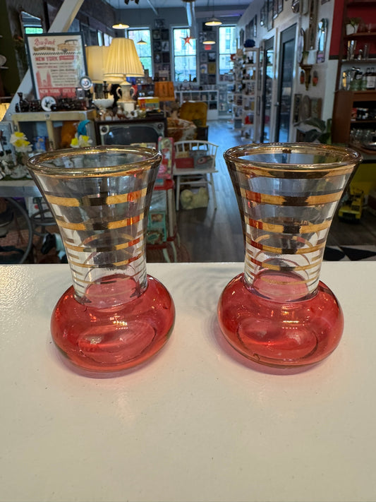 Cranberry Glass Gold Bud Vase Pair