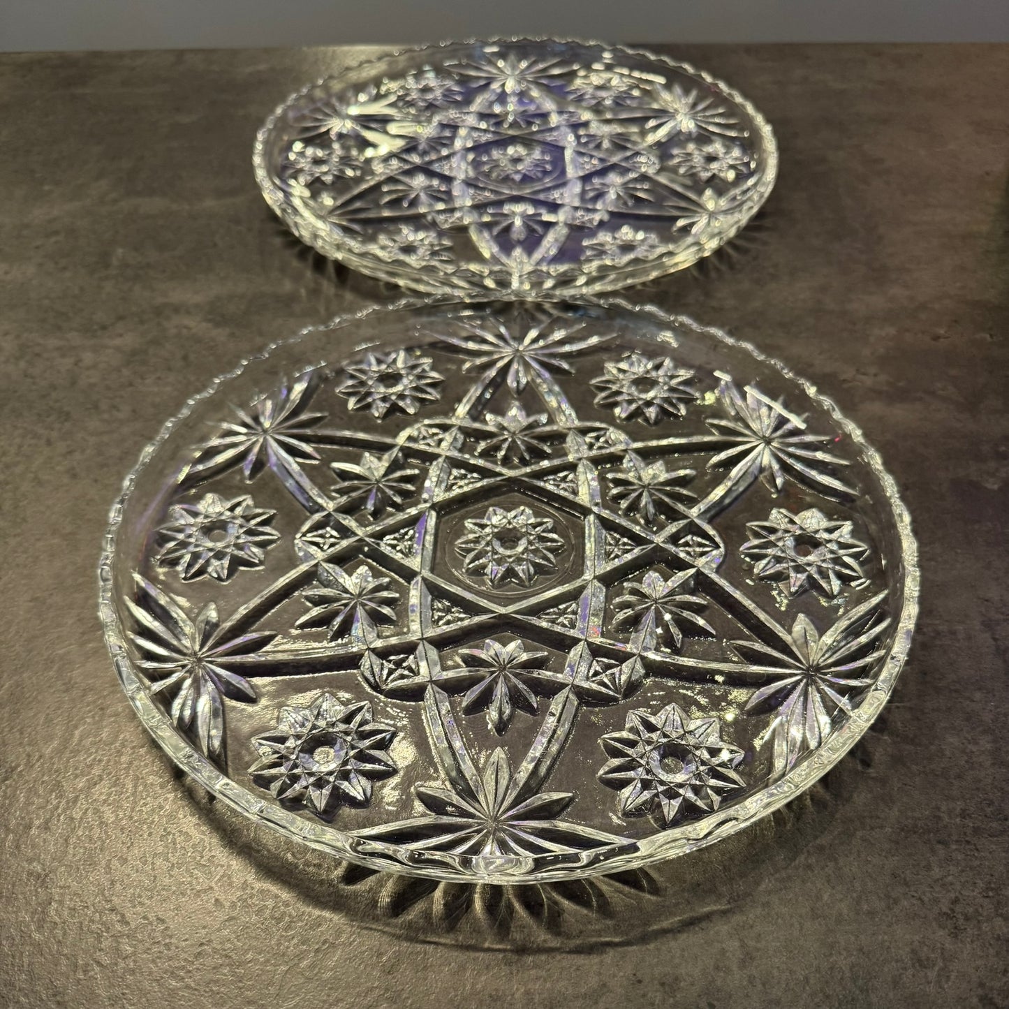 Set of 2 Anchor Hocking Early American Press Cut Glass 11" Serving Platter