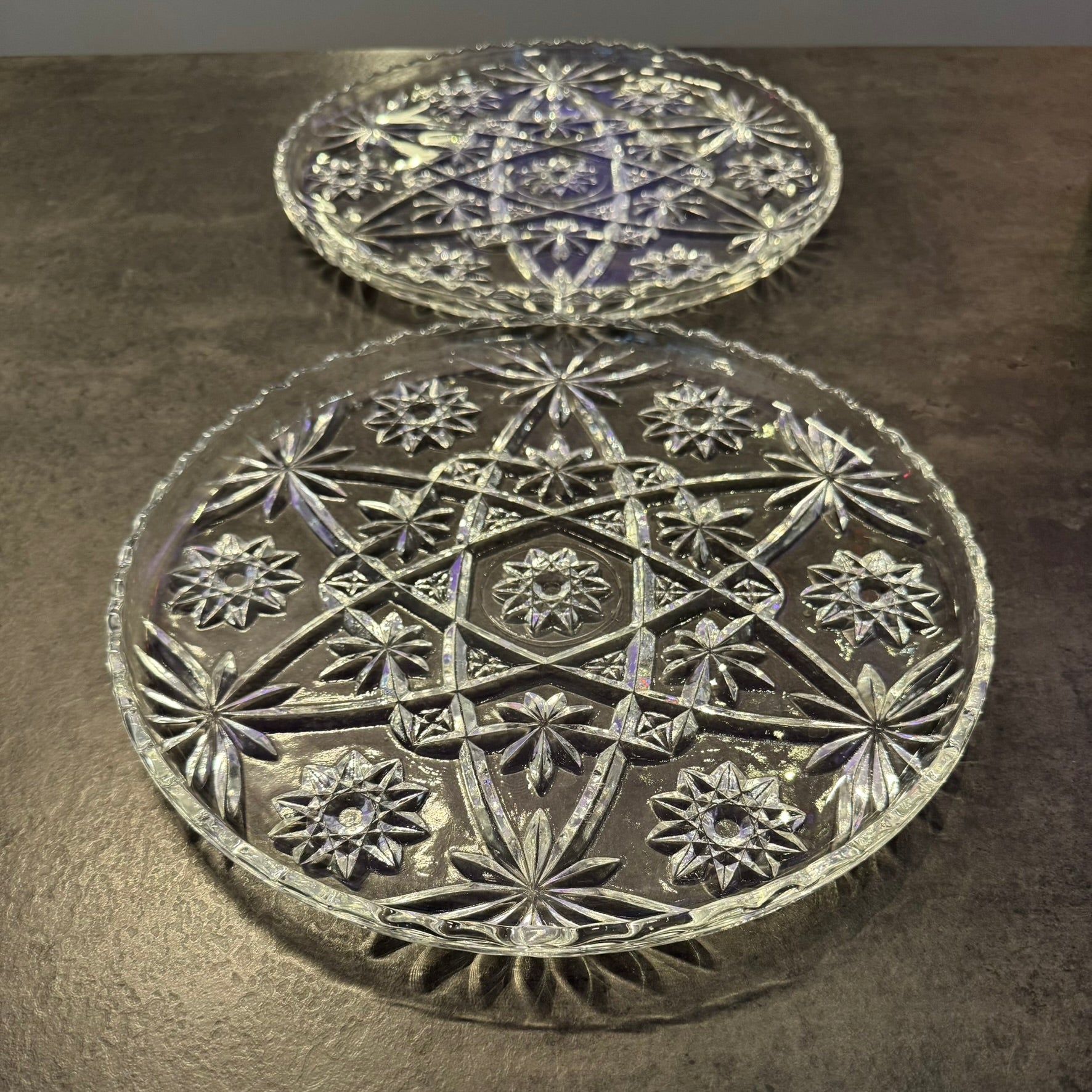 Set of 2 Anchor Hocking Early American Press Cut Glass 11" Serving Platter