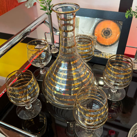 Vintage Gold Striped Decanter and 6 Cognac Stem Glasses.