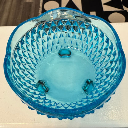 1980s Indiana Glass Tiara Diamond Point Blue 3 Footed Scalloped Bowl