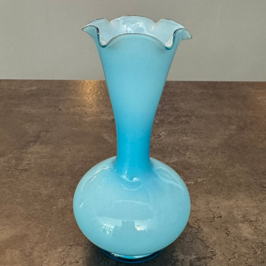 Light Blue Glass Bud Vase Scalloped Rim Ribbed White Fade