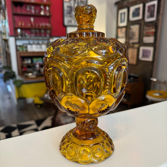 Vintage LE Smith Moon & Stars Amber Glass Pedestal Compote Covered Candy Dish
