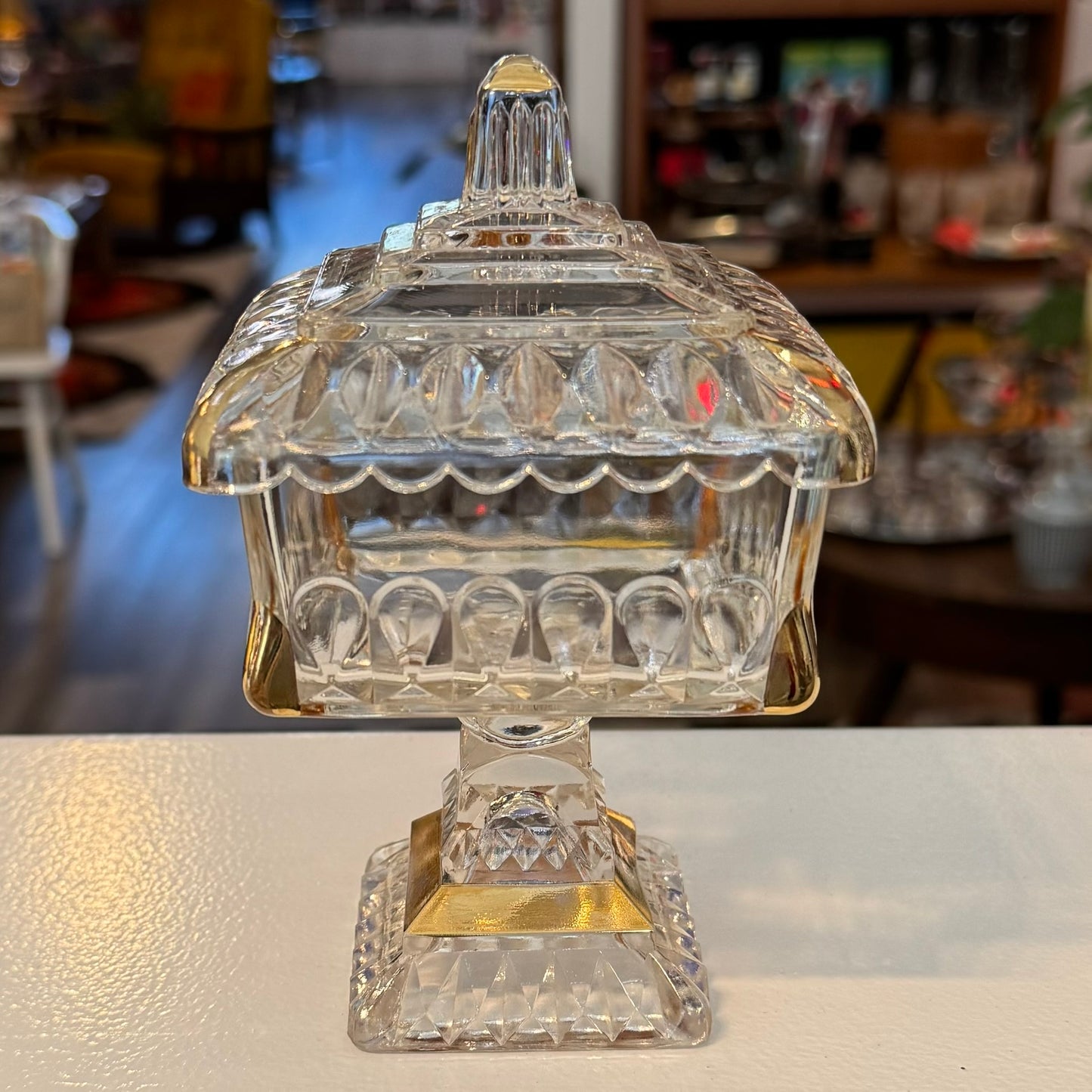 Jeannette Glass Wedding Square Pedestal Candy Dish Gold Trim