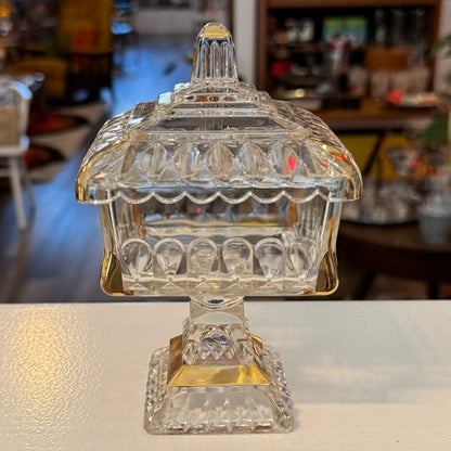 Jeannette Glass Wedding Square Pedestal Candy Dish Gold Trim