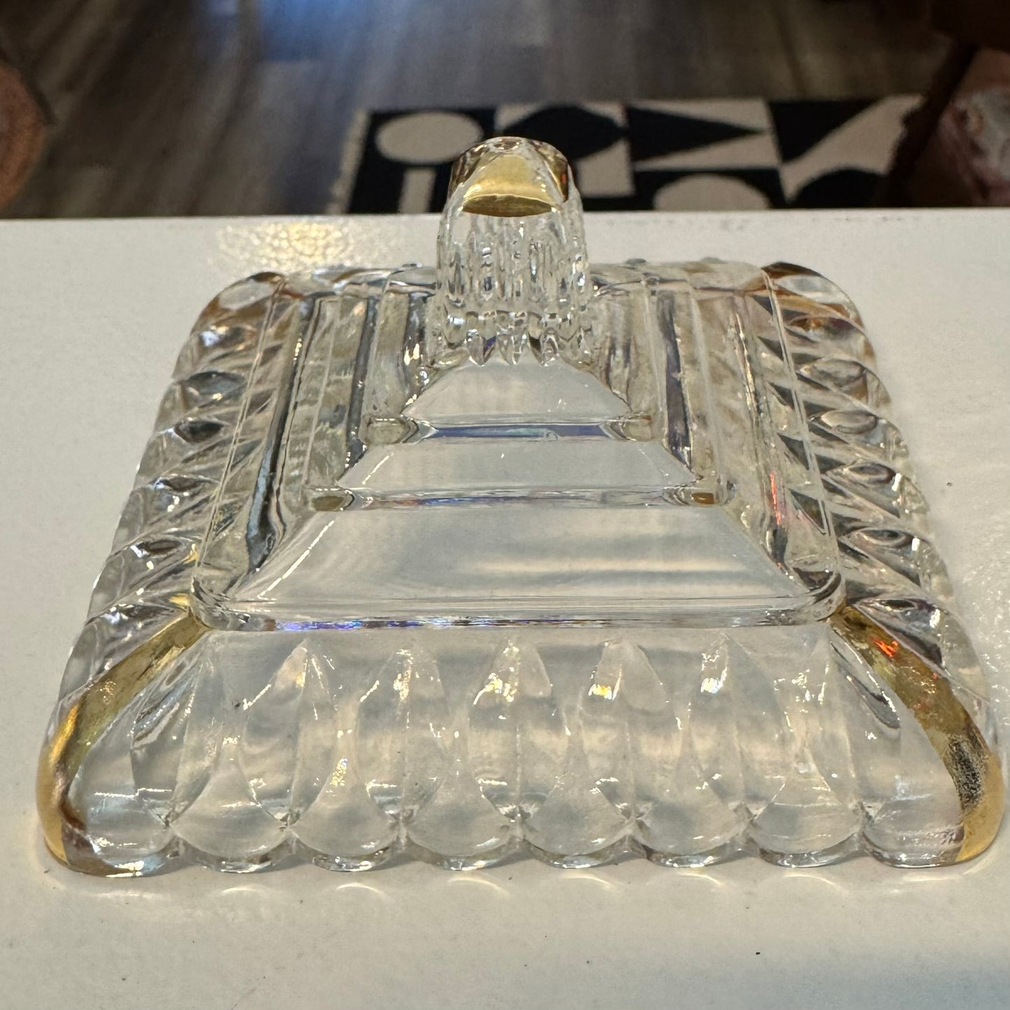 Jeannette Glass Wedding Square Pedestal Candy Dish Gold Trim