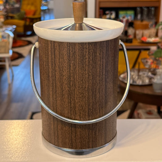 1960's Kromex Ice Bucket Chrome & Faux Wood Insulated 11" Tall Retro Barware