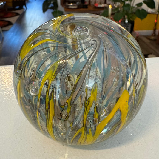 Vintage Art Glass Paper Weight Yellow Blue Bubbles