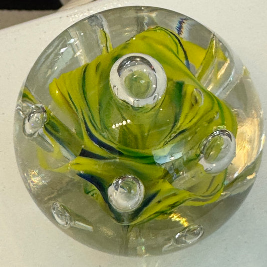 Vintage Art Glass Paper Weight Green Yellow Blue Bubbles