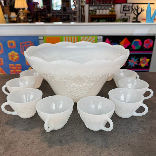 1950s Anchor Hocking Milk Glass Punch Bowl Set of 11
