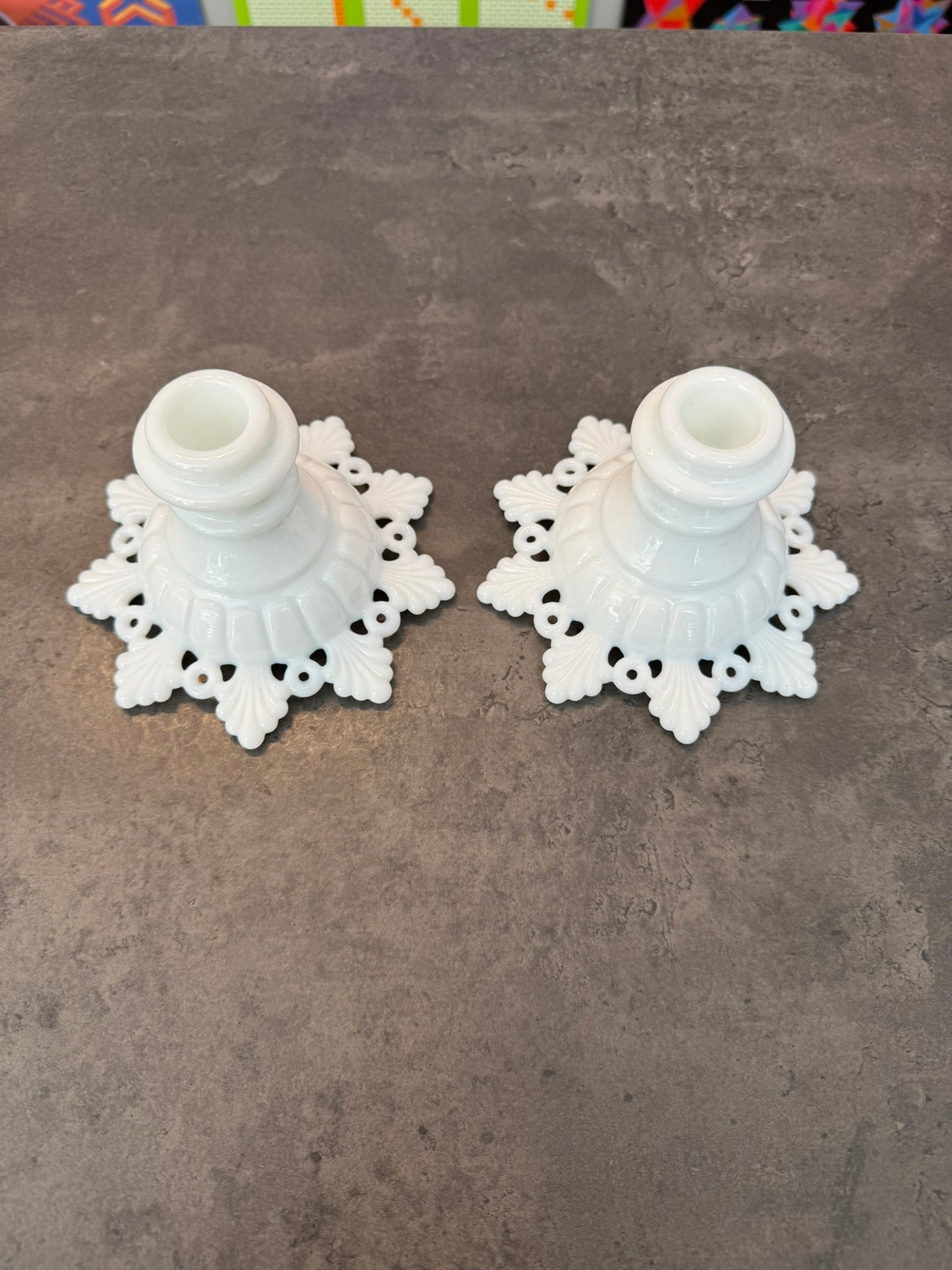 Pair of Westmoreland Milk Glass Snowflake Candlesticks