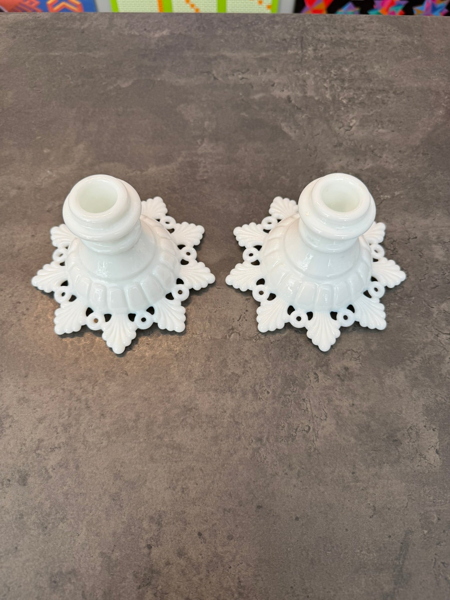 Pair of Westmoreland Milk Glass Snowflake Candlesticks