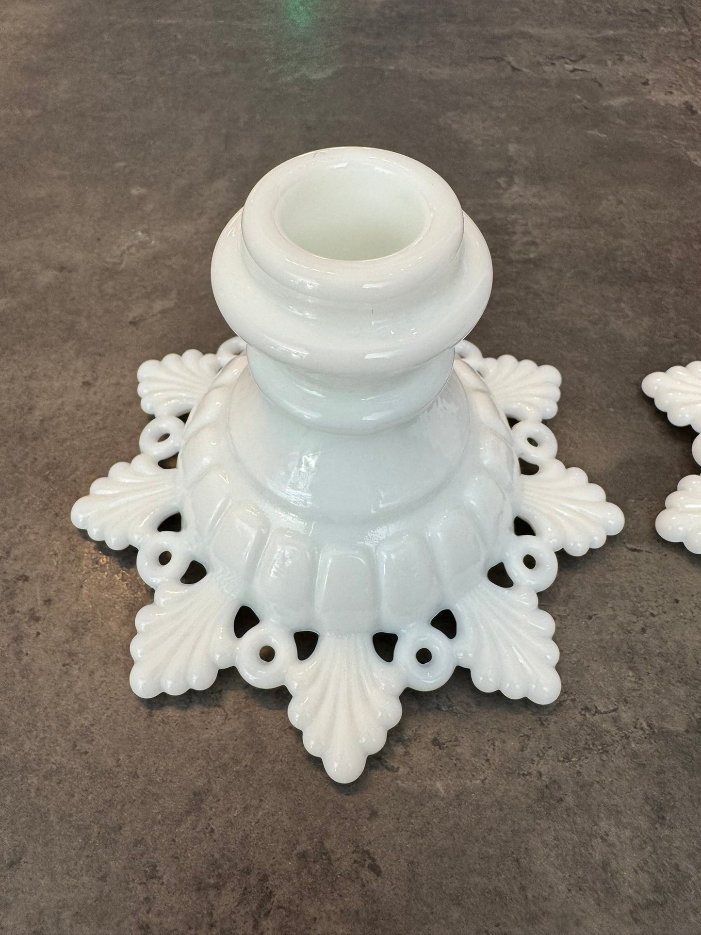 Pair of Westmoreland Milk Glass Snowflake Candlesticks