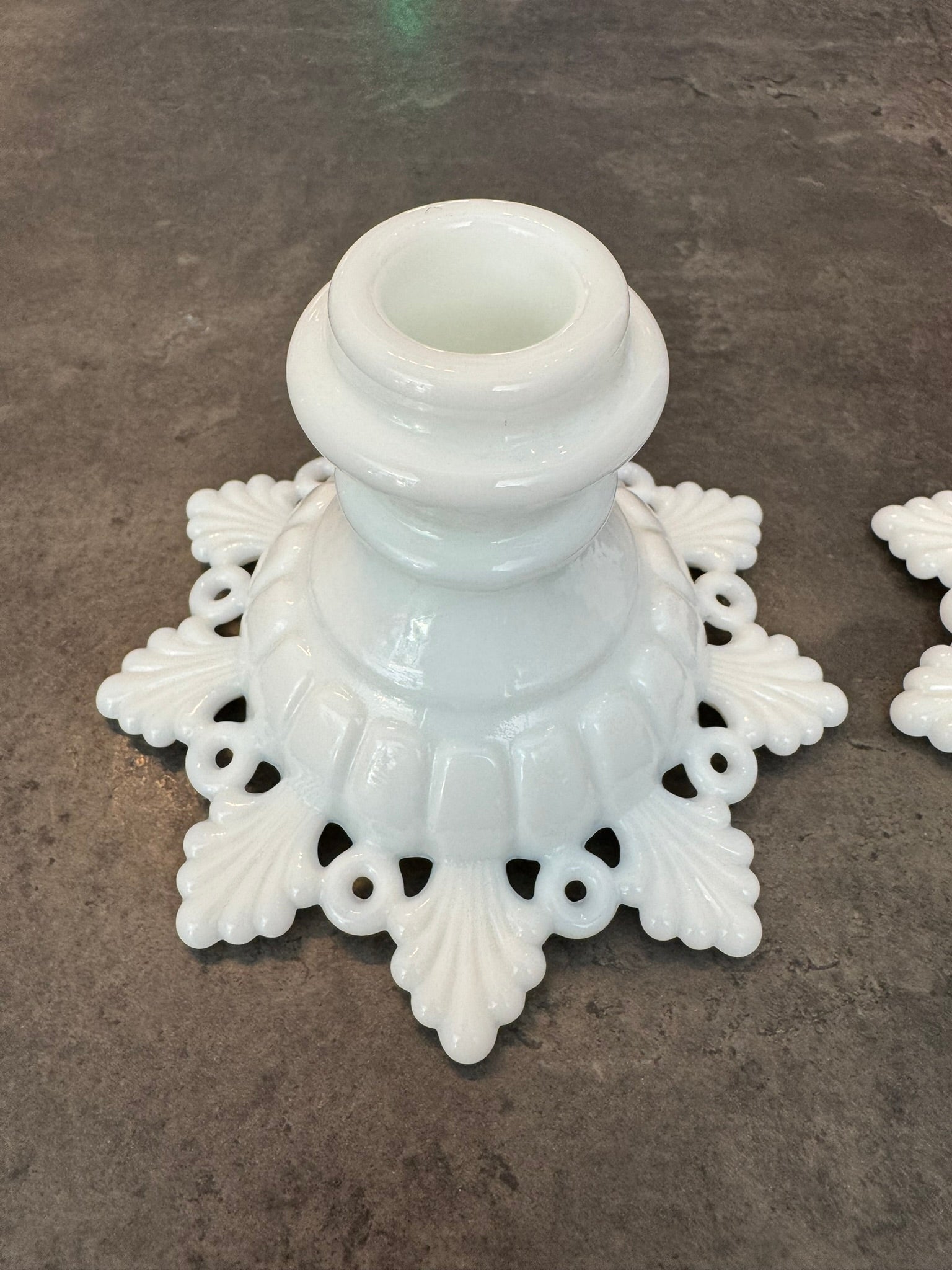 Pair of Westmoreland Milk Glass Snowflake Candlesticks
