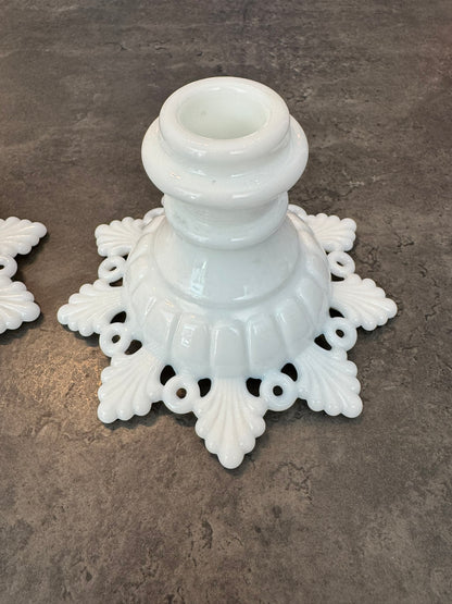 Pair of Westmoreland Milk Glass Snowflake Candlesticks