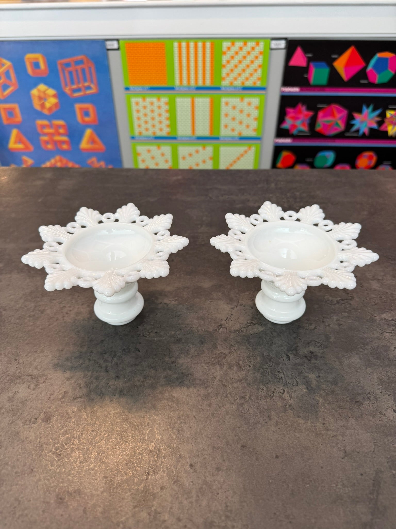 Pair of Westmoreland Milk Glass Snowflake Candlesticks