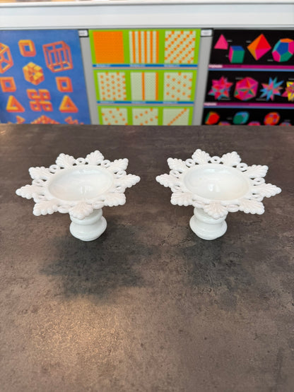 Pair of Westmoreland Milk Glass Snowflake Candlesticks