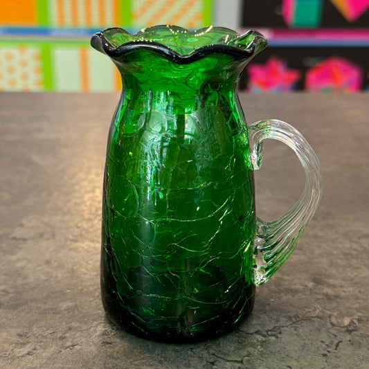 Green Art Glass Crackled Scalloped Pitcher 4"H