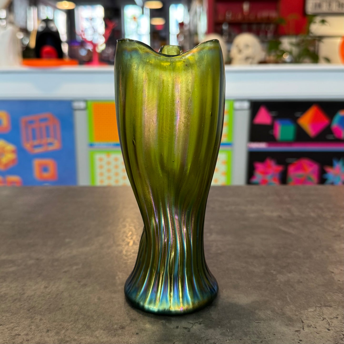 Green Iridescent Swung Glass Vase