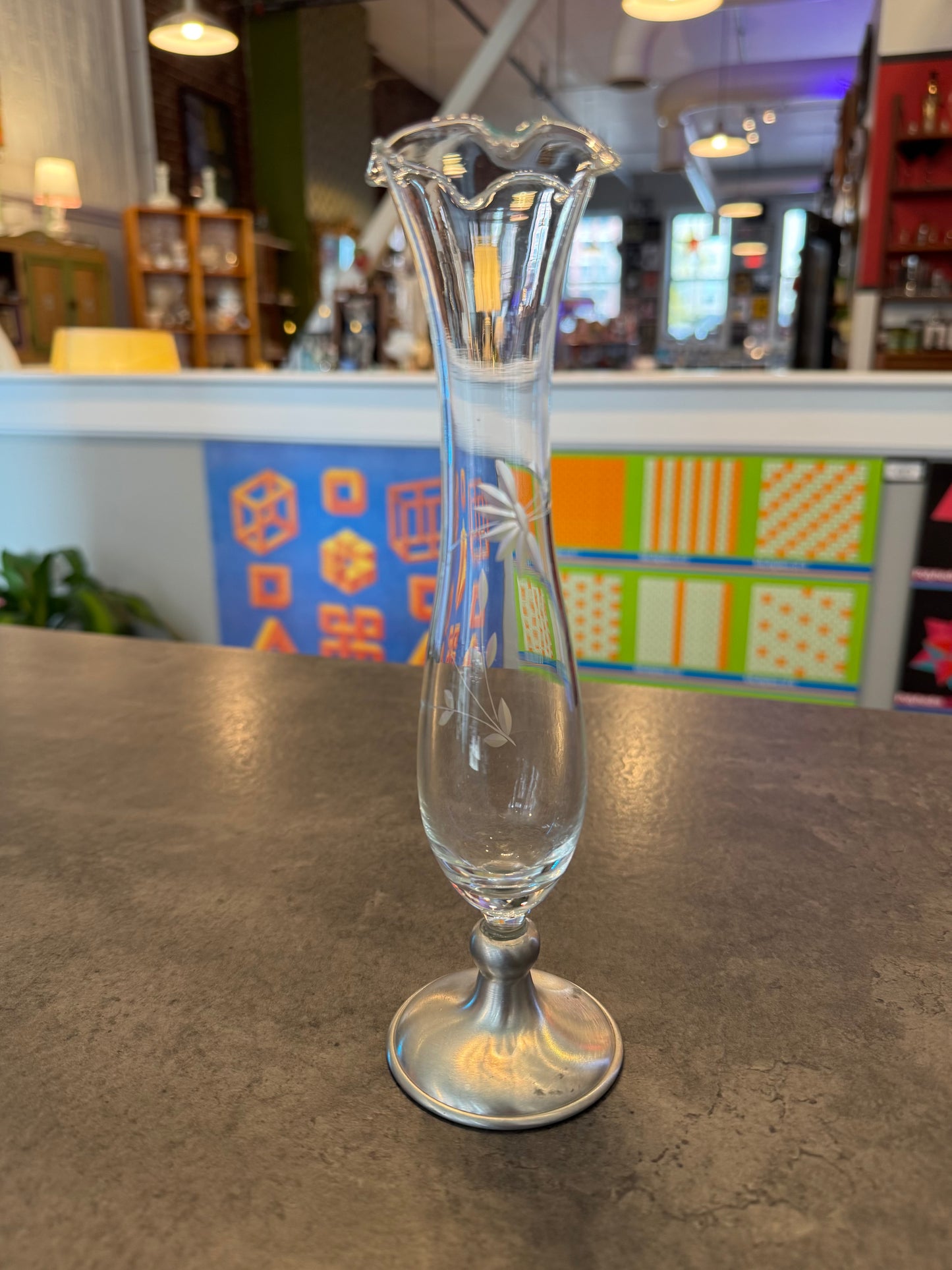 Etched Glass Fluted Etched Vase w/Pewter Base