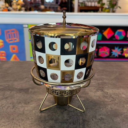 Hazel Atlas Gold Black and White Fondue pot with Chafing stand and Lid