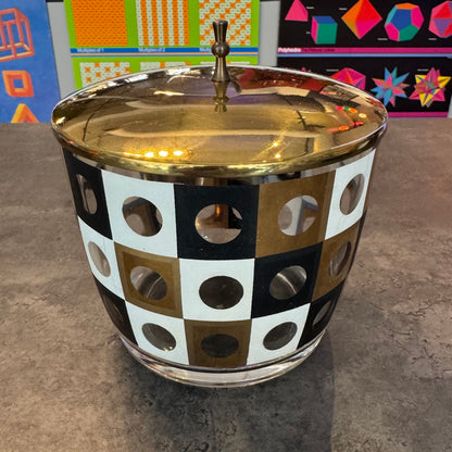 Hazel Atlas Gold Black and White Fondue pot with Chafing stand and Lid