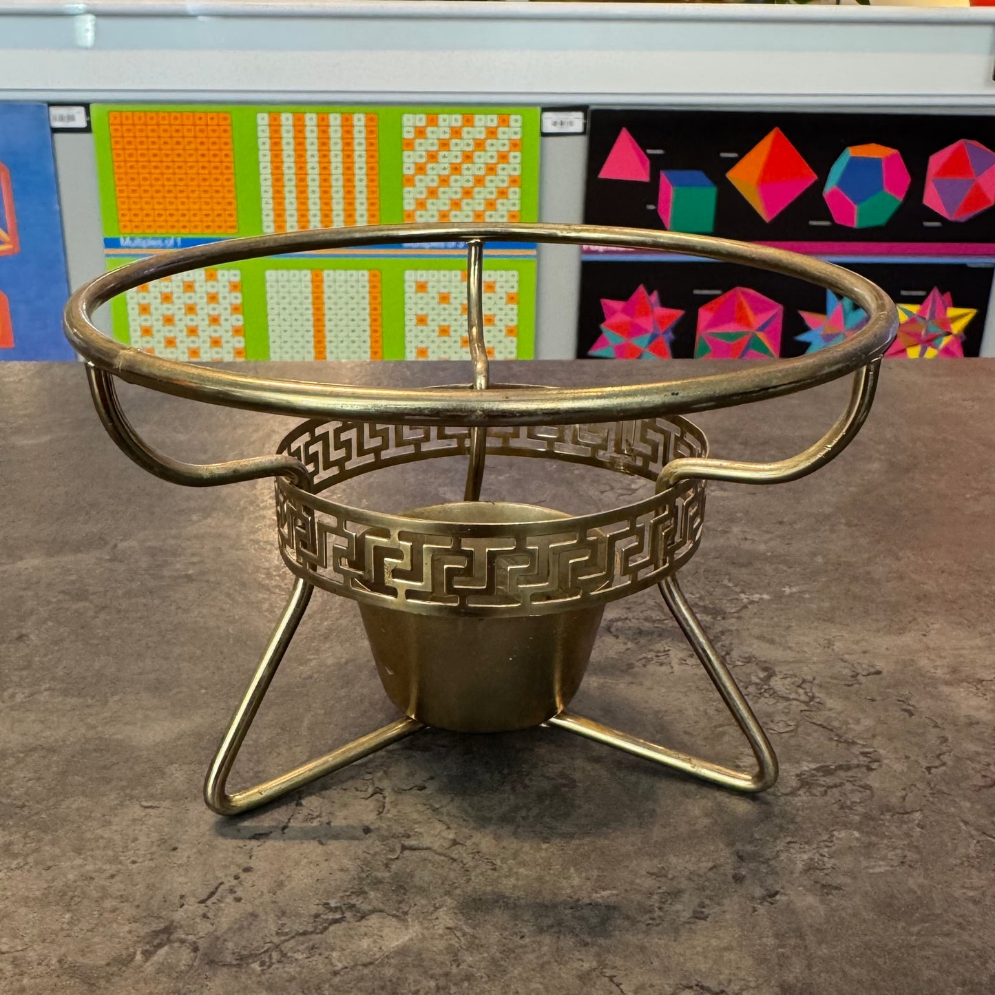 Hazel Atlas Gold Black and White Fondue pot with Chafing stand and Lid