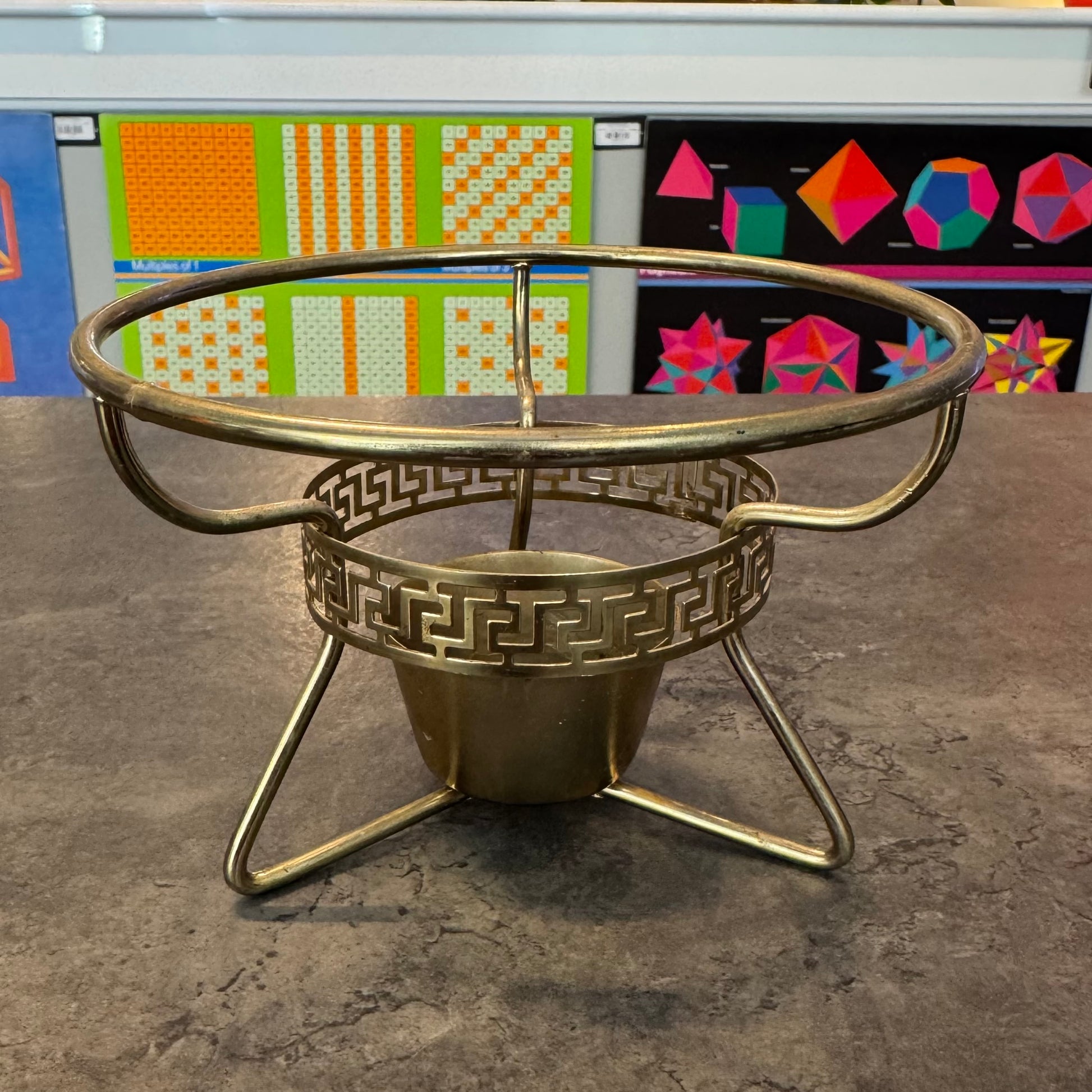 Hazel Atlas Gold Black and White Fondue pot with Chafing stand and Lid