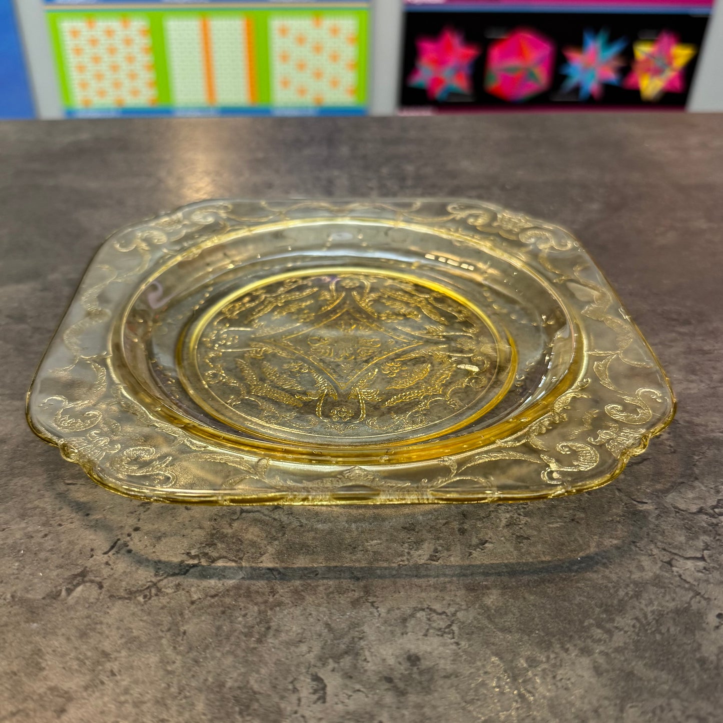 Amber Depression Glass Plate Federal Glass Company "Madrid" Pattern.