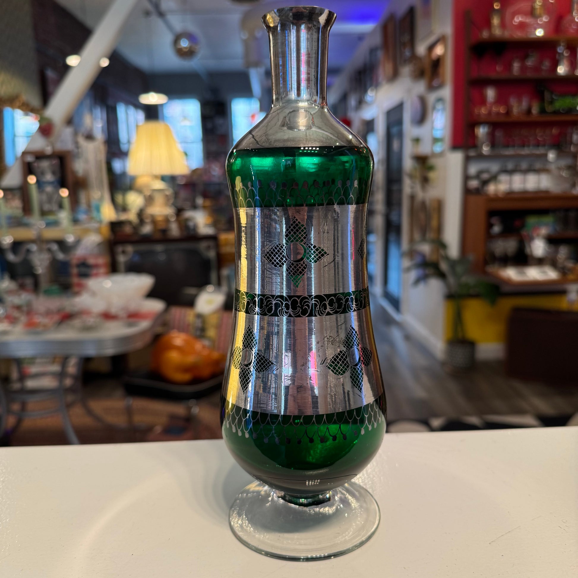 Emerald Green Glass and Silver Overlay  Footed Decanter