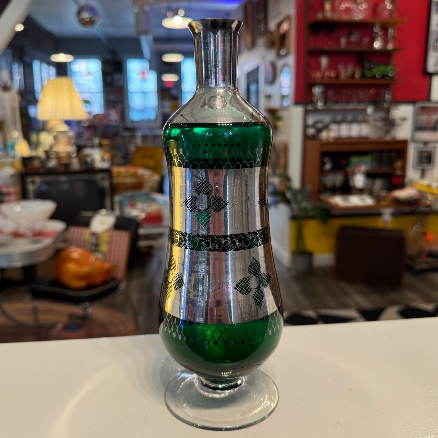 Emerald Green Glass and Silver Overlay  Footed Decanter