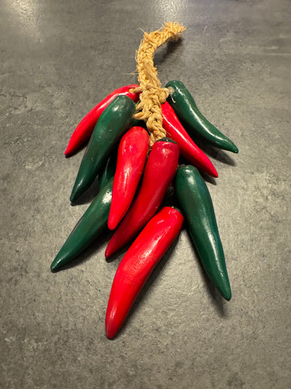 Red and Green Ceramic Peppers on Rope