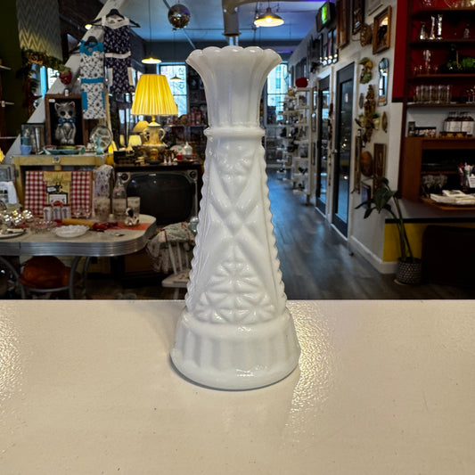 6" Anchor Hocking Milk Glass Vase Diamond Pattern