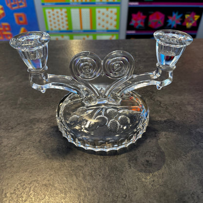 Jeannette Glass Cosmos Clear Double Candlestick "Berries" Motif