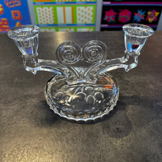 Jeannette Glass Cosmos Clear Double Candlestick "Berries" Motif