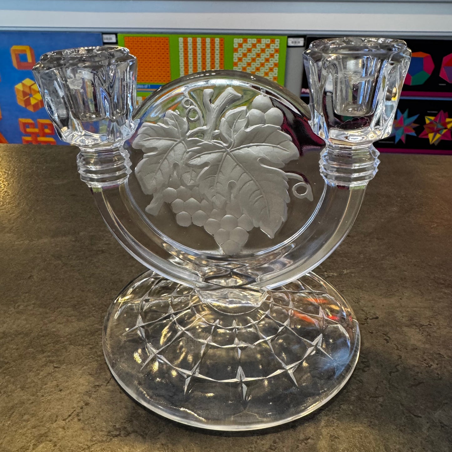 Indiana Glass Clear Double Candlestick "Grapes" Motif