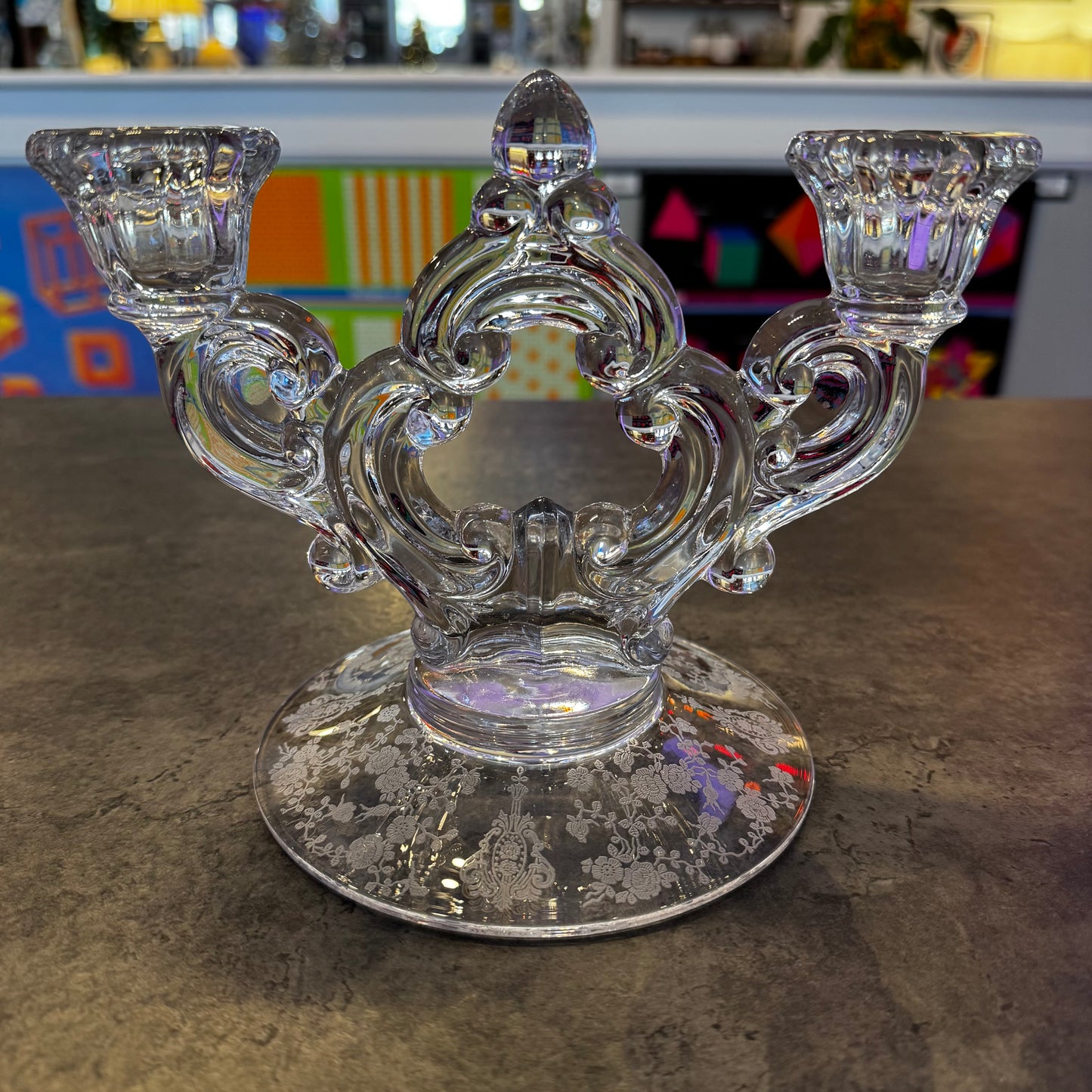 Cambridge Etched Glass Clear Double Candlestick "Elaine Keyhole" Motif
