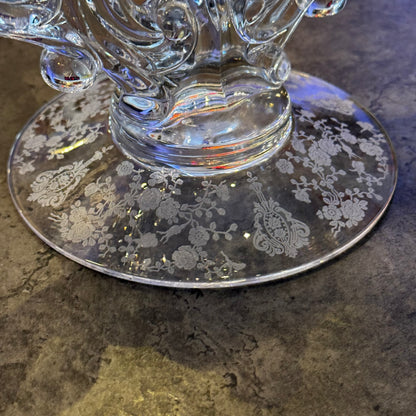 Cambridge Etched Glass Clear Double Candlestick "Elaine Keyhole" Motif
