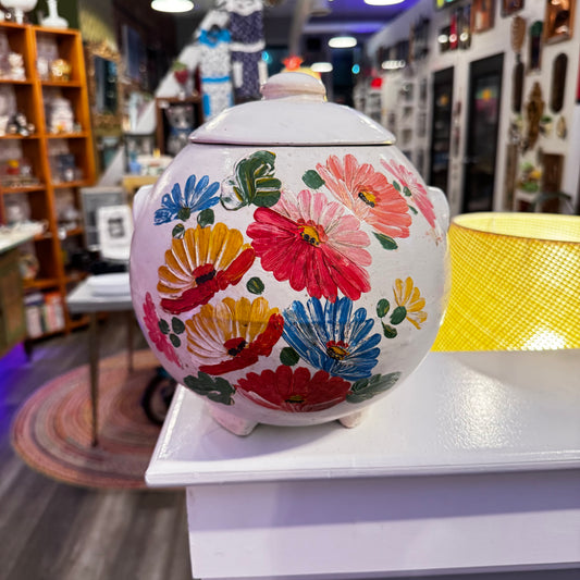 Ransburg Stoneware Pottery White Cosmos Hand-Painted Cookie Jar