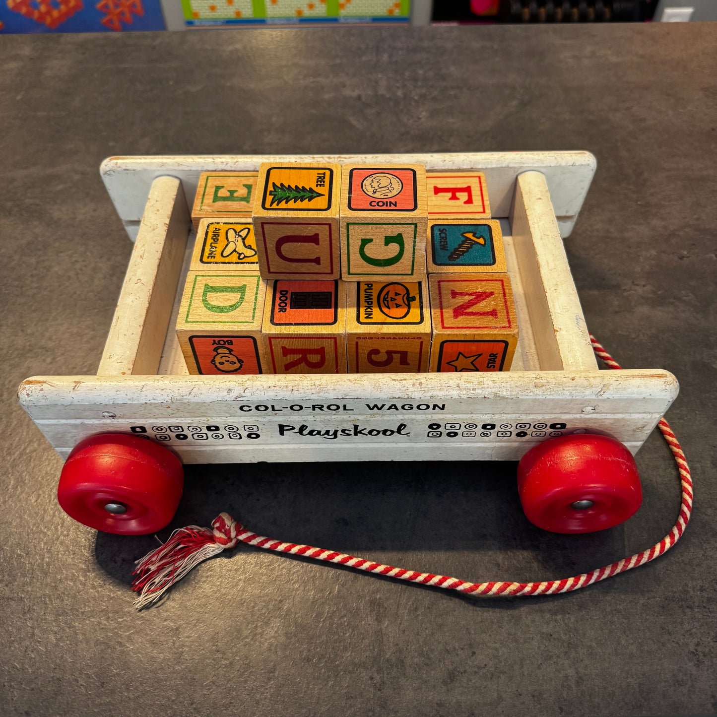 Vintage Playskool Wooden Alphabet Pull Wagon with Blocks