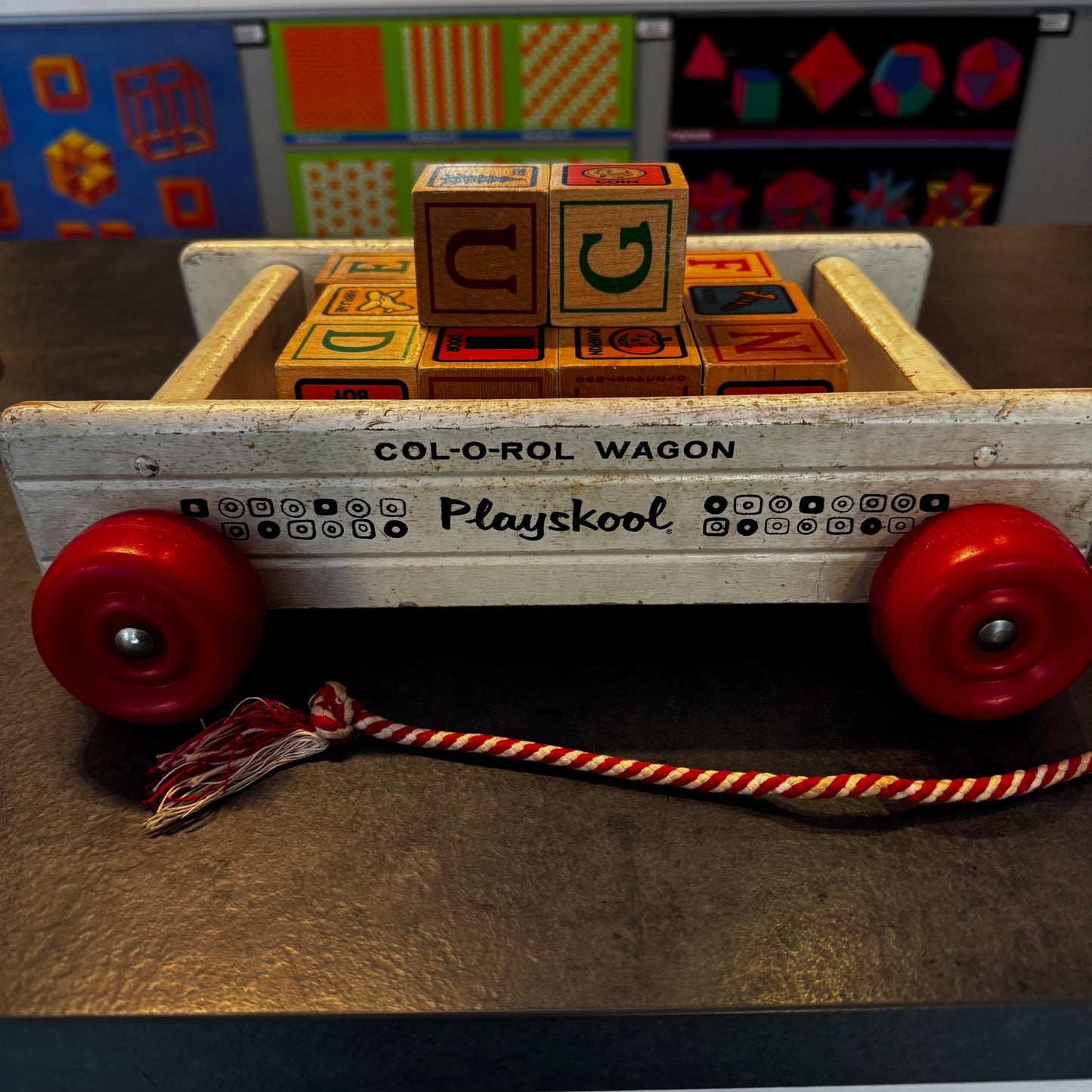 Vintage Playskool Wooden Alphabet Pull Wagon with Blocks