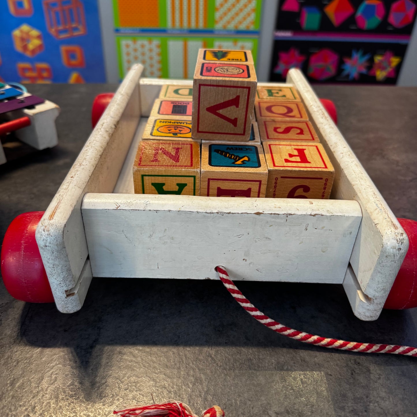 Vintage Playskool Wooden Alphabet Pull Wagon with Blocks
