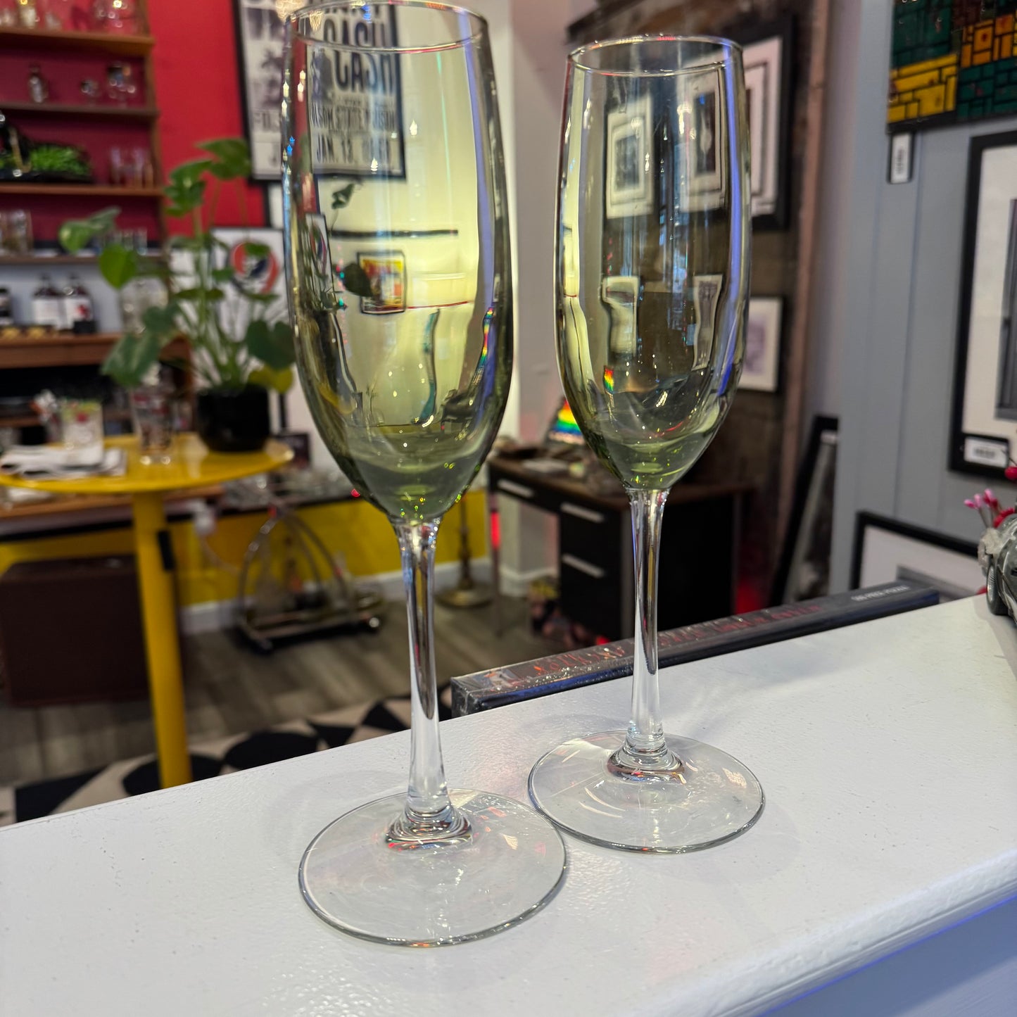 Pair Green Glass Champagne Flutes