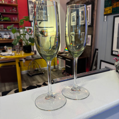 Pair Green Glass Champagne Flutes