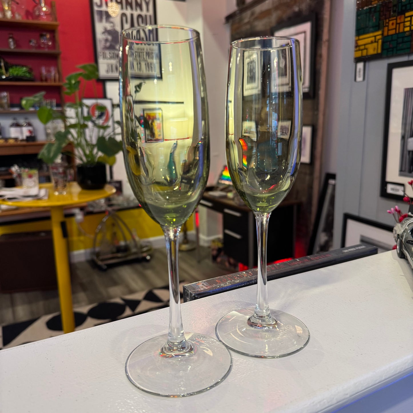 Pair Green Glass Champagne Flutes