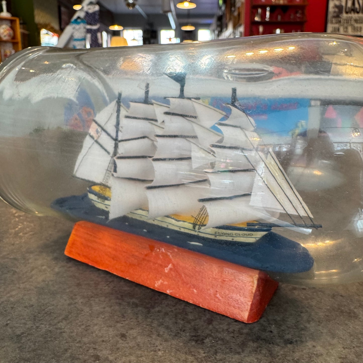 Blue Flying Cloud Ship in a Glass Bottle 11"